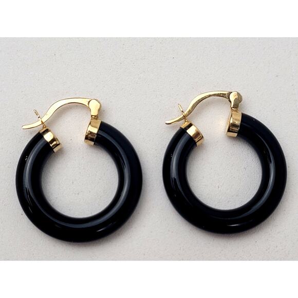 14K Yellow Gold Onyx Hoop Earrings 1" Diameter 6.29 Grams - Picture 4 of 6